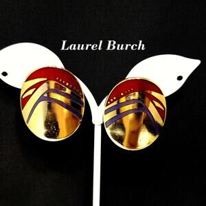 Laurel Burch Metallic Red & Purple Earrings, Gold Plated, 1980s Vintage